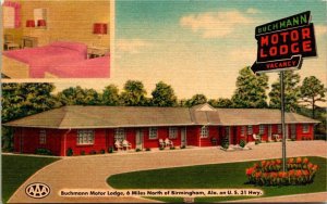 VINTAGE POSTCARD BUCHMANN MOTOR LODGE 6 MILES NORTH OF BIRMINGHAM ALABAMA 1950's