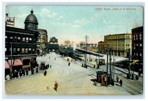 c1910 Lynn R. R Station Train Passengers Lynn Massachusetts MA Antique Postcard 