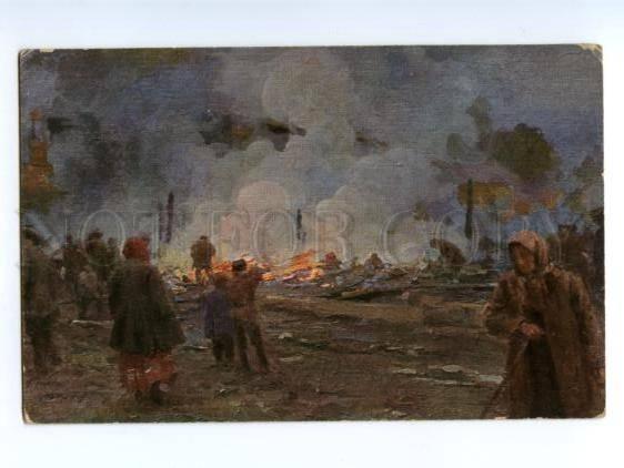 137465 Fire RUSSIA Village by GOROKHOV Vintage colorful PC