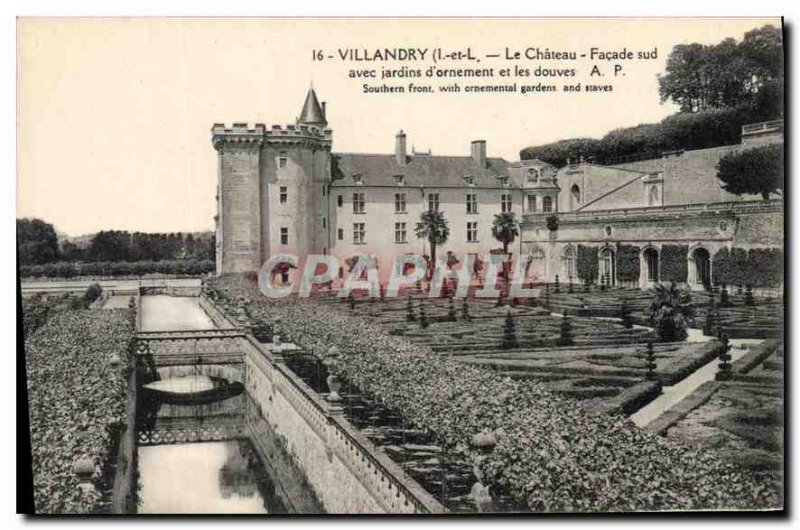 Old Postcard Villandry L and L Le Chateau Facade south with ornamental garden...