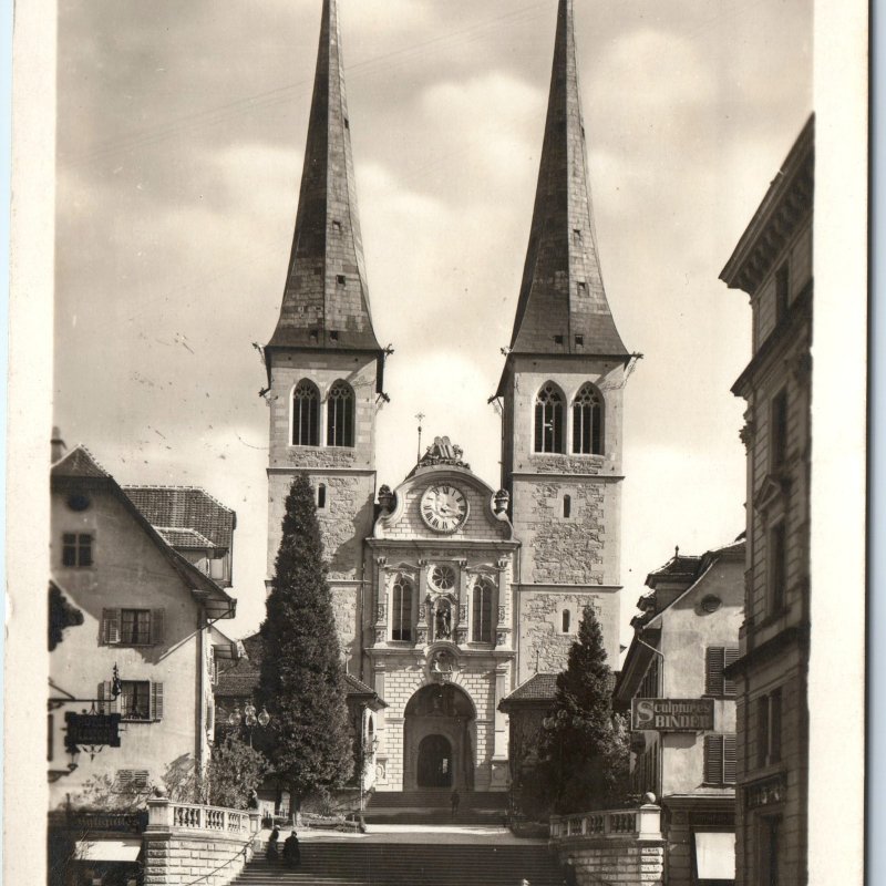 c1920s Luzern, Switzerland RPPC Hofkirche Church Cathedral Twin Spire Clock A337