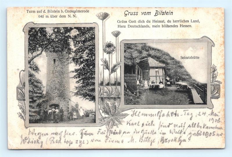 Postcard Germany Gruss vom Bilstein Schutzhutte 1906 Cancel to New York J13