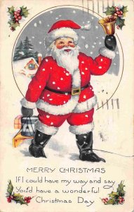 Santa Claus Ringing Hand Bell Merry Christmas 1921 postcard