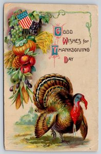 Patriotic Thanksgiving~Flag Shield In Fruit~Corn~Turkey~c1910 Vintage Postcard