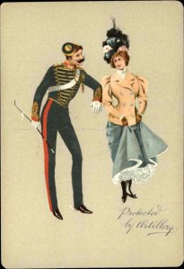 Protected by Artillery Military Man with Beautiful Woman c1910 Vintage Postcard