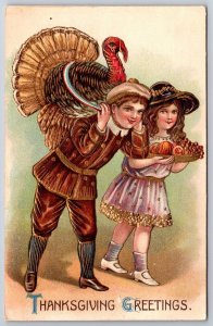Thanksgiving~Turkey Rides On Boy's Shoulders~Girl w/Fruit~Gold Leaf Emboss~ASB