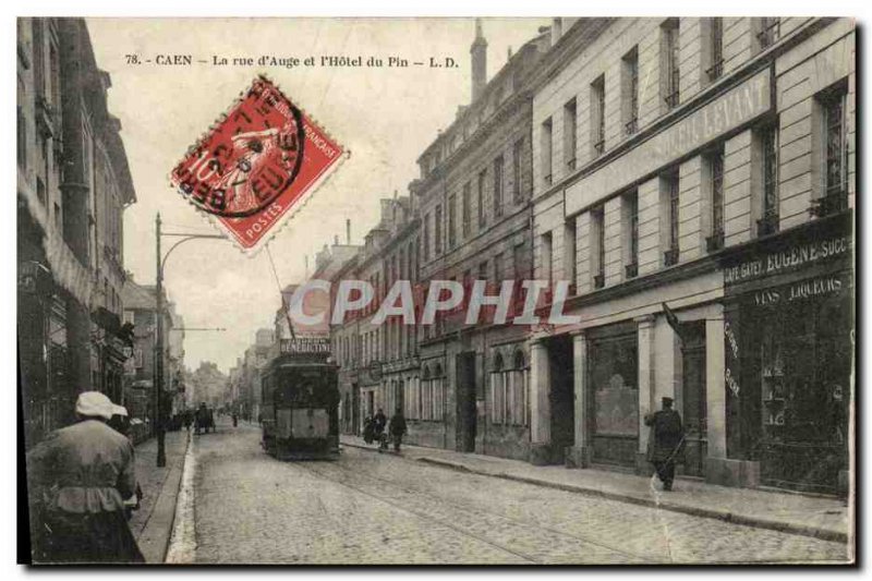 Old Postcard Caen La Rue d'Auge and the Hotel du Pin Tram Advertisement Bened...