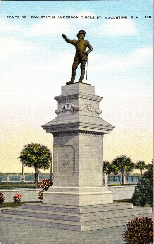Ponce De Leon Statue Anderson Circle St. Augustine Florida Postcard San Juan 