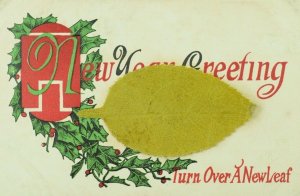 C.1900-10 New Years Cloth Leaf Holly Berries  Vintage Postcard F56