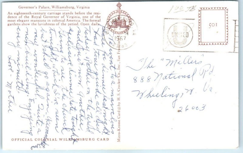 Postcard - Governor's Palace - Williamsburg, Virginia