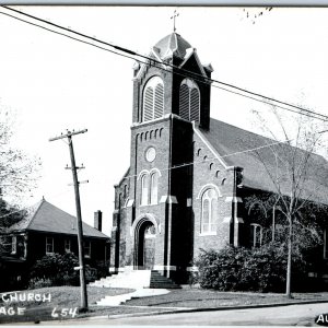 c1950s Audubon, IA RPPC Catholic Church & Parsonage Chapel Bell Tower Photo A108