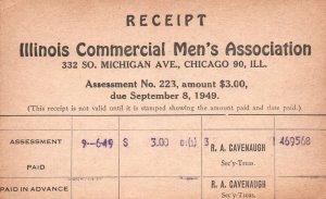 Vintage Postcard Receipt Illinois Commercial Men's Association September 8, 1949