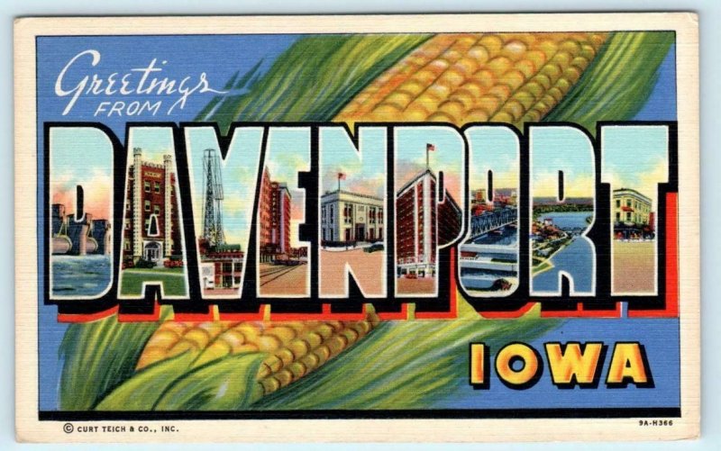 2 Large Letter Linens DAVENPORT, Iowa IA ~ Curteich, Tichnor 1940s Postcards