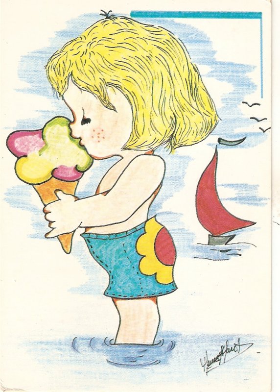 Girl with an ince cream cone Modern French postcard. Artist signed