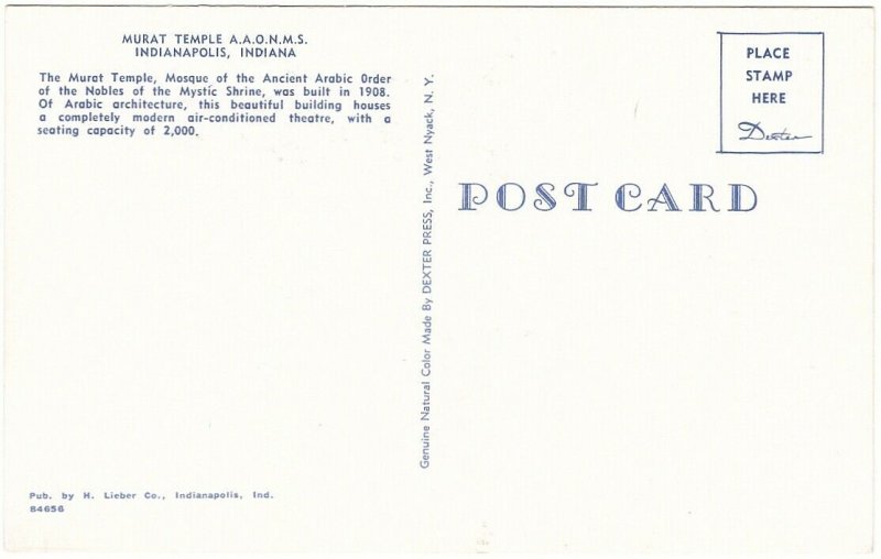 Murat Temple, A.A.O.N.M.S., Indianapolis, Indiana, Vintage Chrome Postcard