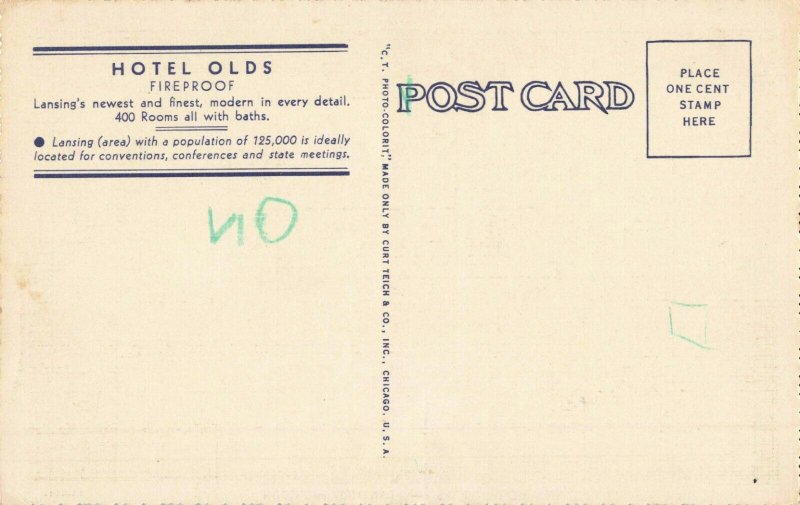 Postcard Hotel Olds Lansing Michigan