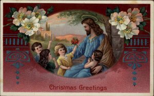 Christmas Jesus Christ with Little Children c1910 Vintage Gel Postcard