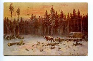 494243 MULLER Mueller WINTER Lumberjack in forest SLED Bulls postcard #225