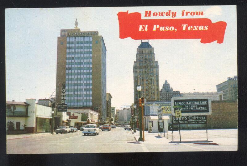 HOWDY FROM EL PASO TEXAS 1950's CARS STREET SCENE VINTAGE POSTCARD