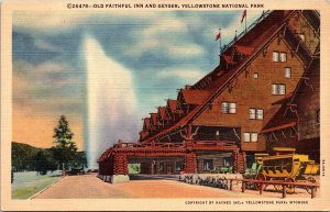 Old Logg Build Faithful Inn Geyser Yellowstone National Park Flags Postcard UNP 