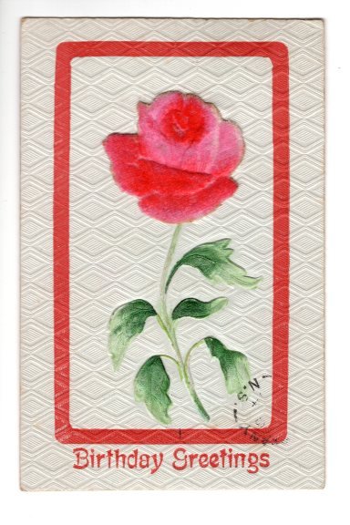 Birthday, Textured Paper Silk-screened Felt Rose Applique, Used Nova Scotia 1914
