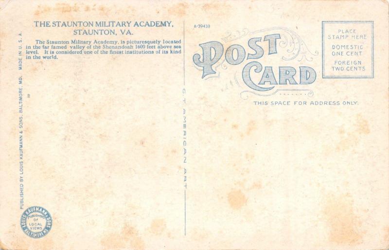 STAUNTON VIRGINIA~STAUNTON MILITARY ACADEMY POSTCARD 1920s