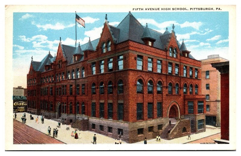 Antique Fifth Avenue High School, Coca-Cola Sign, Pittsburgh, PA Postcard