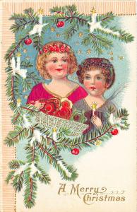 A Merry Christmas Satin Clothed Young Girl & Angel Embossed Postcard