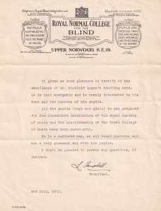 Classical Composer Royal Normal College For The Blind Hand Signed Letter