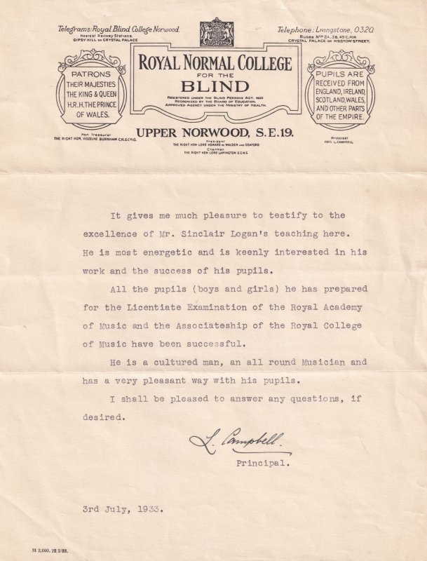 Classical Composer Royal Normal College For The Blind Hand Signed Letter