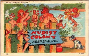 1940's RAY WALTERS NUDIST COLONY HUMOR POSTCARD Risqué JM6