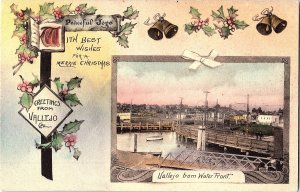 Vintage 1900s Christmas on Vallejo Waterfront with Holly Lithograph Postcard