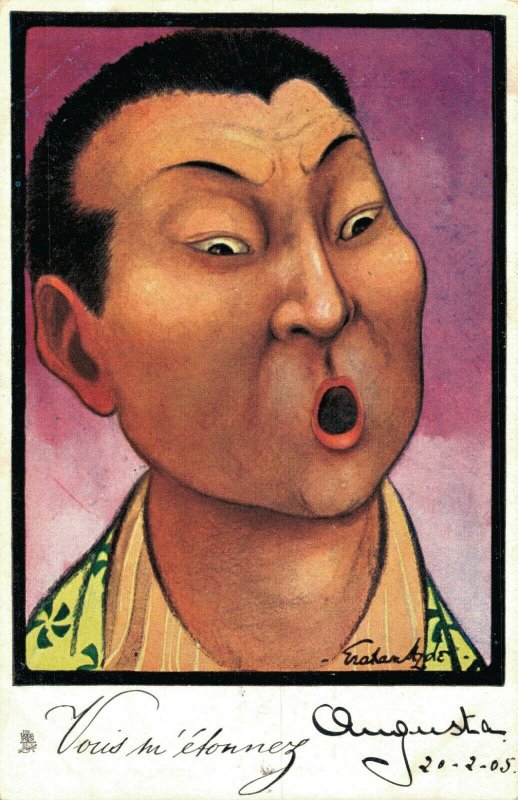 China Artist Signed Graham Hyde Chinese Man Cartoon Funny Suprised 05.65