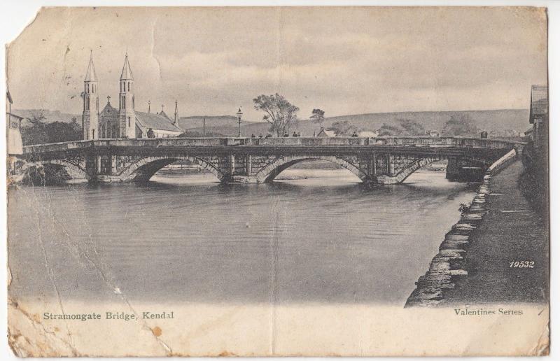 Cumbria; Stramongate Bridge, Kendal PPC, 1914 Local PMK, Faults 