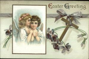 Easter Angel Children Cross Purple Ribbon & Flowers c1910 Postcard