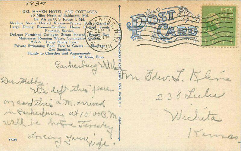 Baltimore Maryland Del Haven Hotel Cottages 1939 Postcard Dexter linen 5796