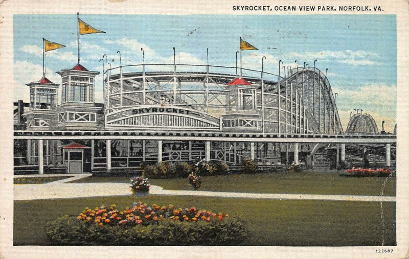Skyrocket, Ocean View Amusement Park, Norfolk, VA, Linen Postcard, Used  in 1935