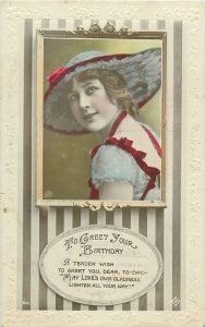 British Birthday greetings postcard 1918 beauty lady portrait