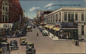 Fall River Mass MA Main Street Bus Street Scene Linen Vintage Postcard