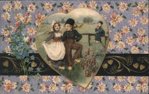 Winsch Valentine Dutch Children Boy and Girl Real Silk Heart c1910 Postcard