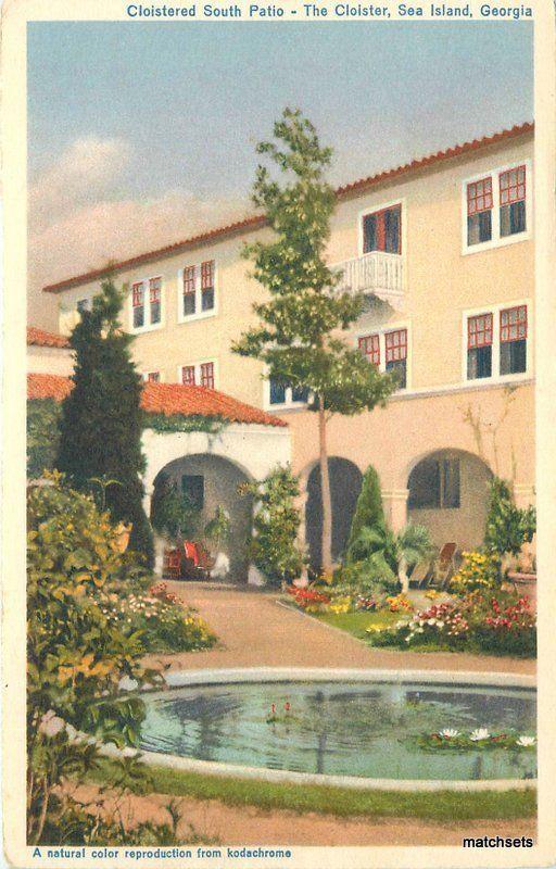 Cloister Hotel fountain Sea Island Georgia Runca Import linen postcard 10230