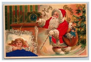 Vintage 1910's Christmas Postcard Child Bed Santa Delivers Presents Xmas Tree