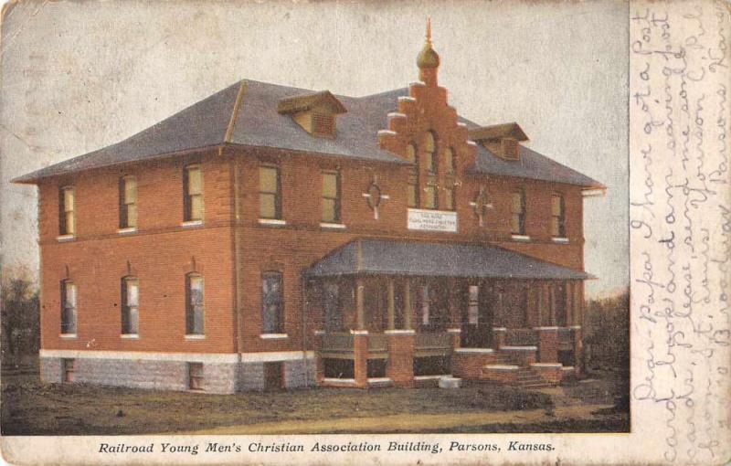 Parsons Kansas Railroad Young Mens Christian Assoc Bldg antique pc Z18915