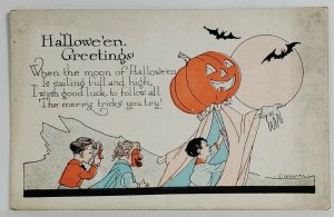 Halloween Children Masks Boy with Pumpkin Head Ghost Bats Weaver Postcard S14