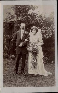 Bride Groom Wedding Backyard Garden Lace Dress Veil c1900s-20s Vintage RPPC