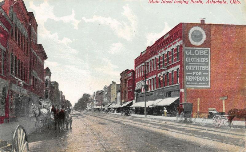 Ashtabula OH~Lady Enters Globe Men & Boys Clothier~Billboard~Wagon Wheel~1914