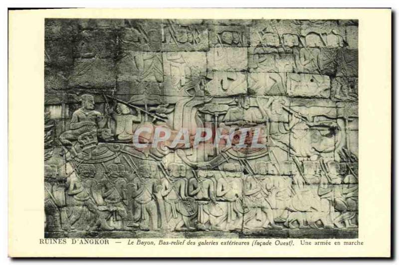 Old Postcard Ruins of Angkor Bayon Bas Relief of Foreign galleries An army tu...