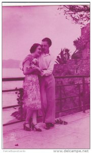 Tinted French RP: Couple in Embrace on Seaside Boardwalk 1910-20s