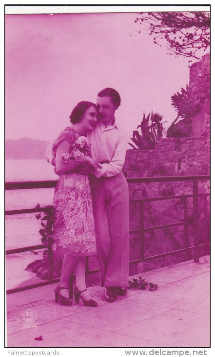 Tinted French RP: Couple in Embrace on Seaside Boardwalk 1910-20s