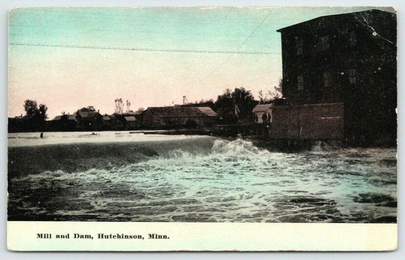 Hutchinson Minnesota~Mill & Dam~Men on Dock Overlooking Crow River~c1910